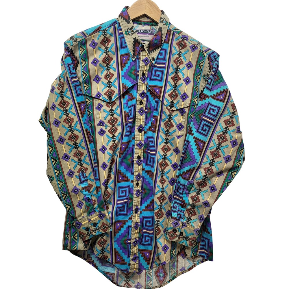 Plainsman Vintage Mens Western Shirt Aztec Tribal Geometric Print Multicolor L*